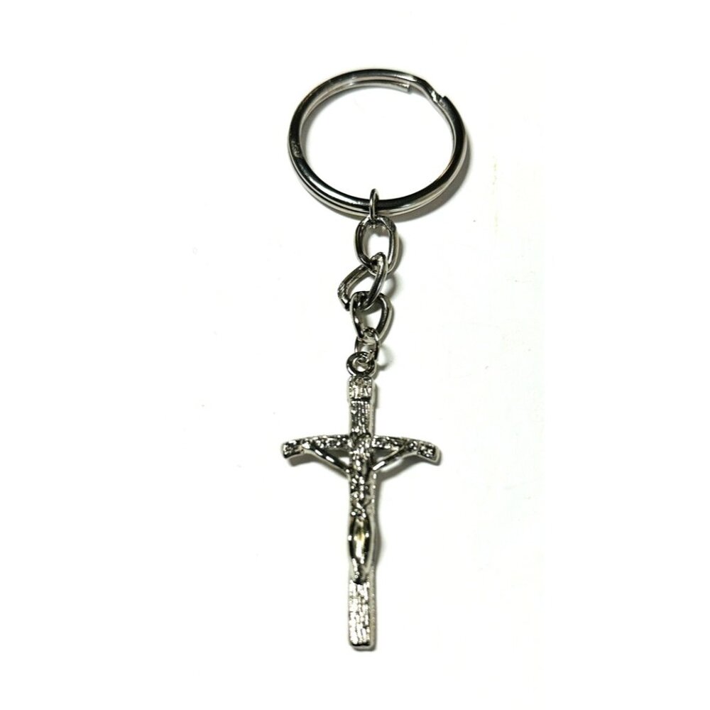Crucifix Keychain Ring Silver-tone Metal Jesus Christian Religion Detail NEW!